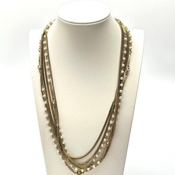 Long 47" Triple-Strand Gold & Pearl Necklace — Vintage 1960s-70s Elegance – EUC - Picture 2 of 8